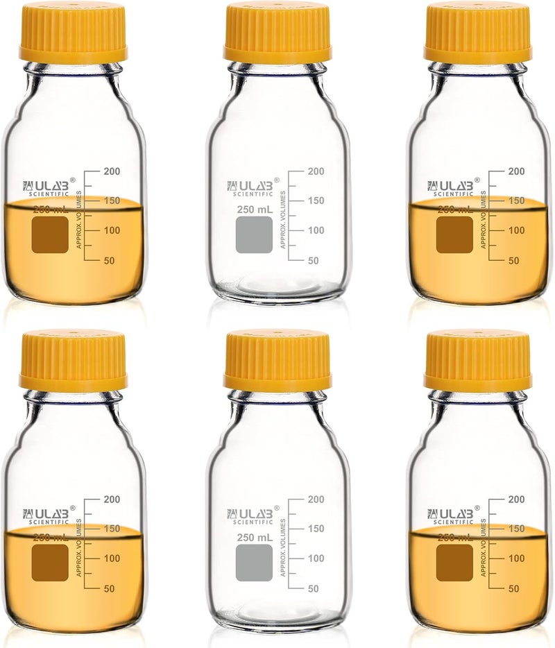ULAB Round Media Storage Bottle, Vol.250ml(8.5oz) 3.3 Borosilicate Glass Storage Bottles with GL45 Screw Cap, Pack of 6, URB1036 - Image 1